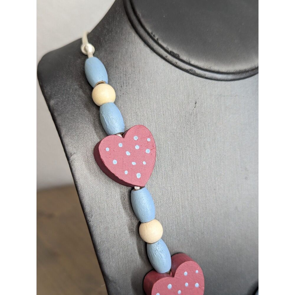 Vintage Wooden Bead Angel Heart Necklace Religious Teacher Cottage Mauve Blue - Picture 3 of 6